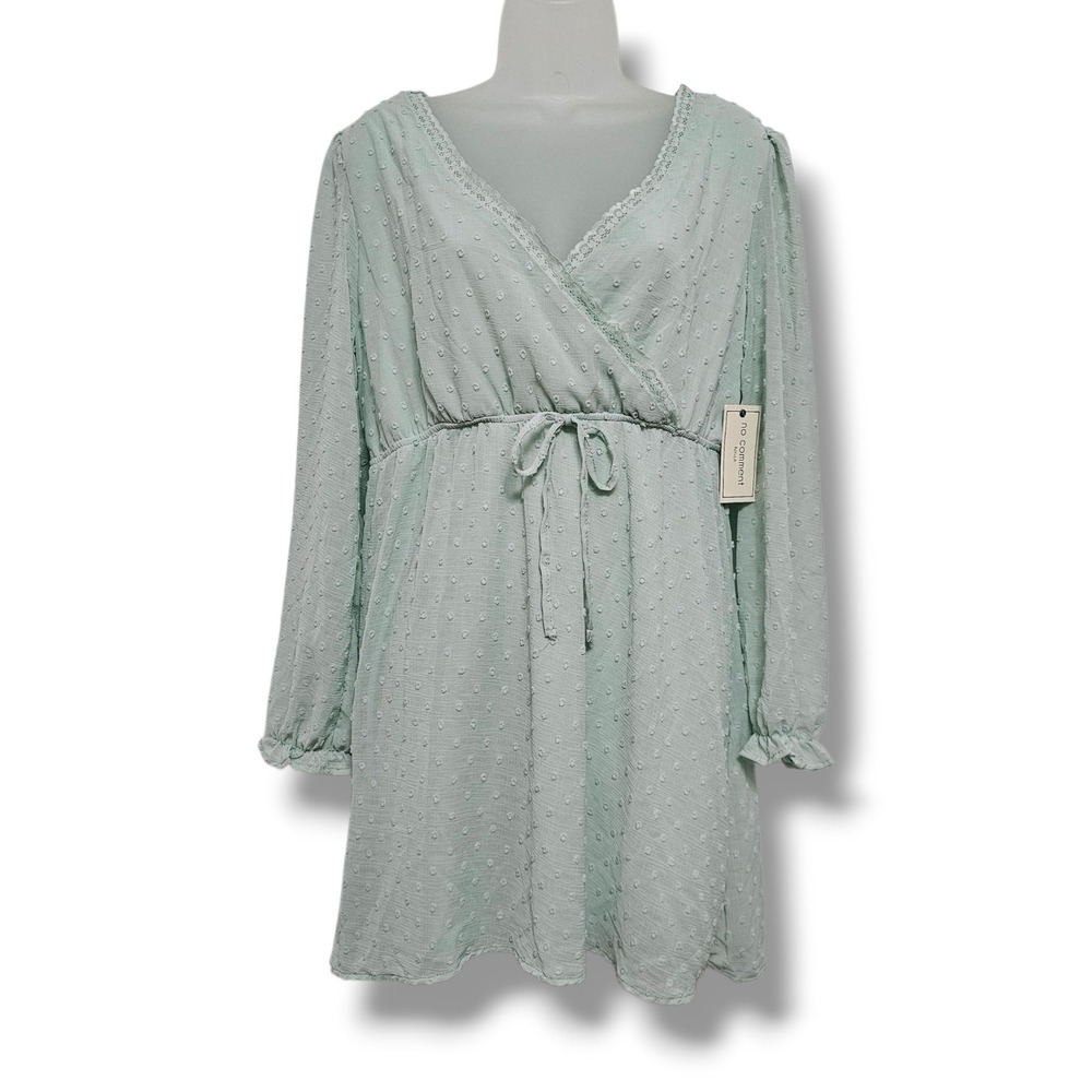 Sage Green Faux Wrap Mini Dress L Swiss Dot Ruffle Fairy Softgirl Cottage NEW